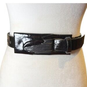 Vintage Jim Heilman Black Patent Leather Belt Sculptural Ruched‎ Buckle 39.5in